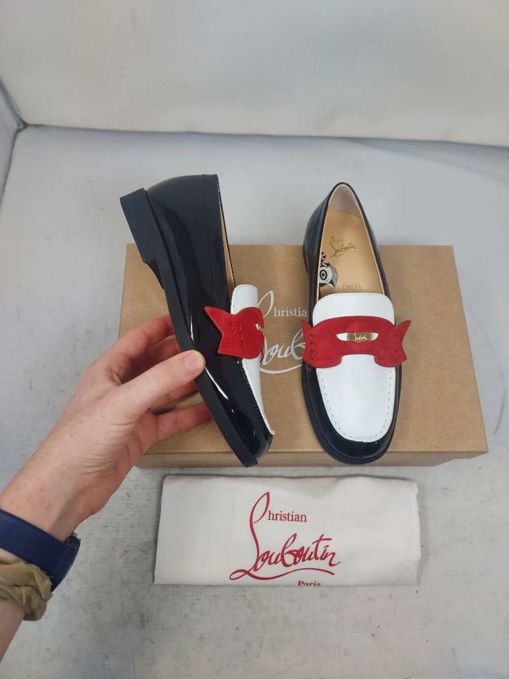 Christian Louboutin Boys Black White Red Penny Loafer